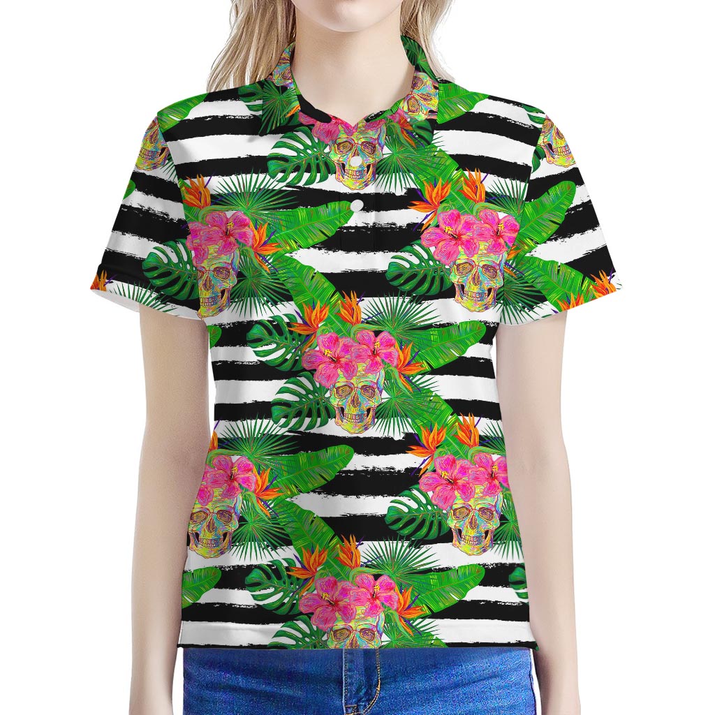 Aloha Skull Striped Pattern Print Women's Polo Shirt