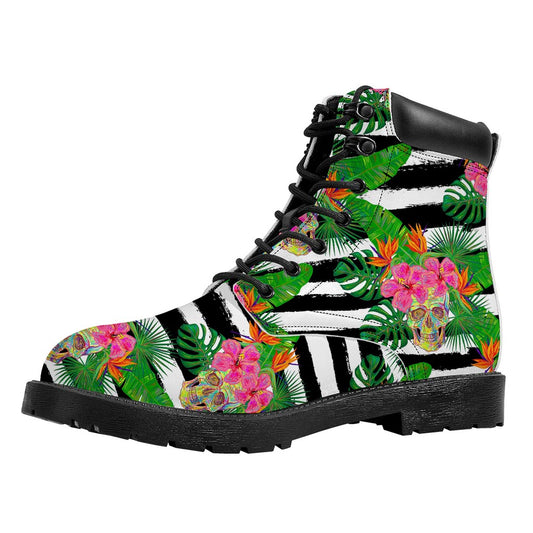 Aloha Skull Striped Pattern Print Work Boots