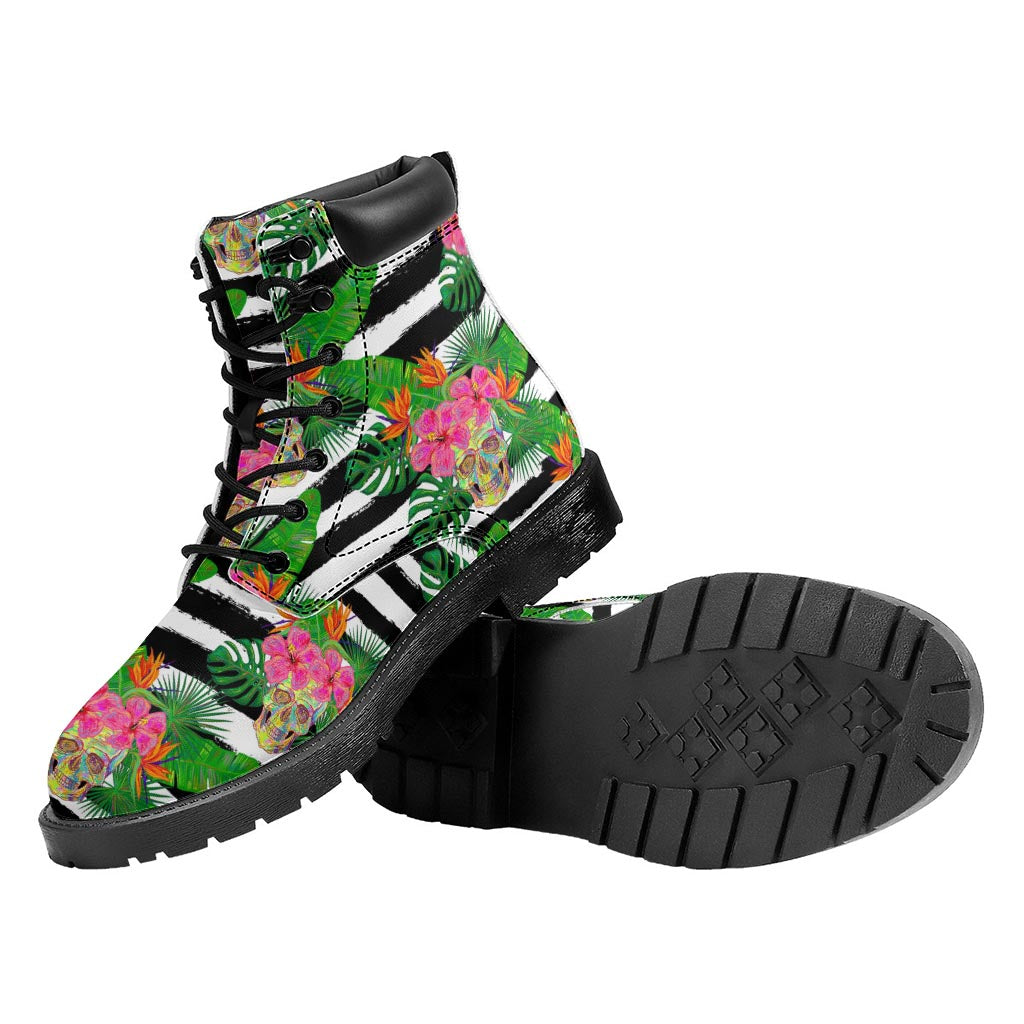 Aloha Skull Striped Pattern Print Work Boots