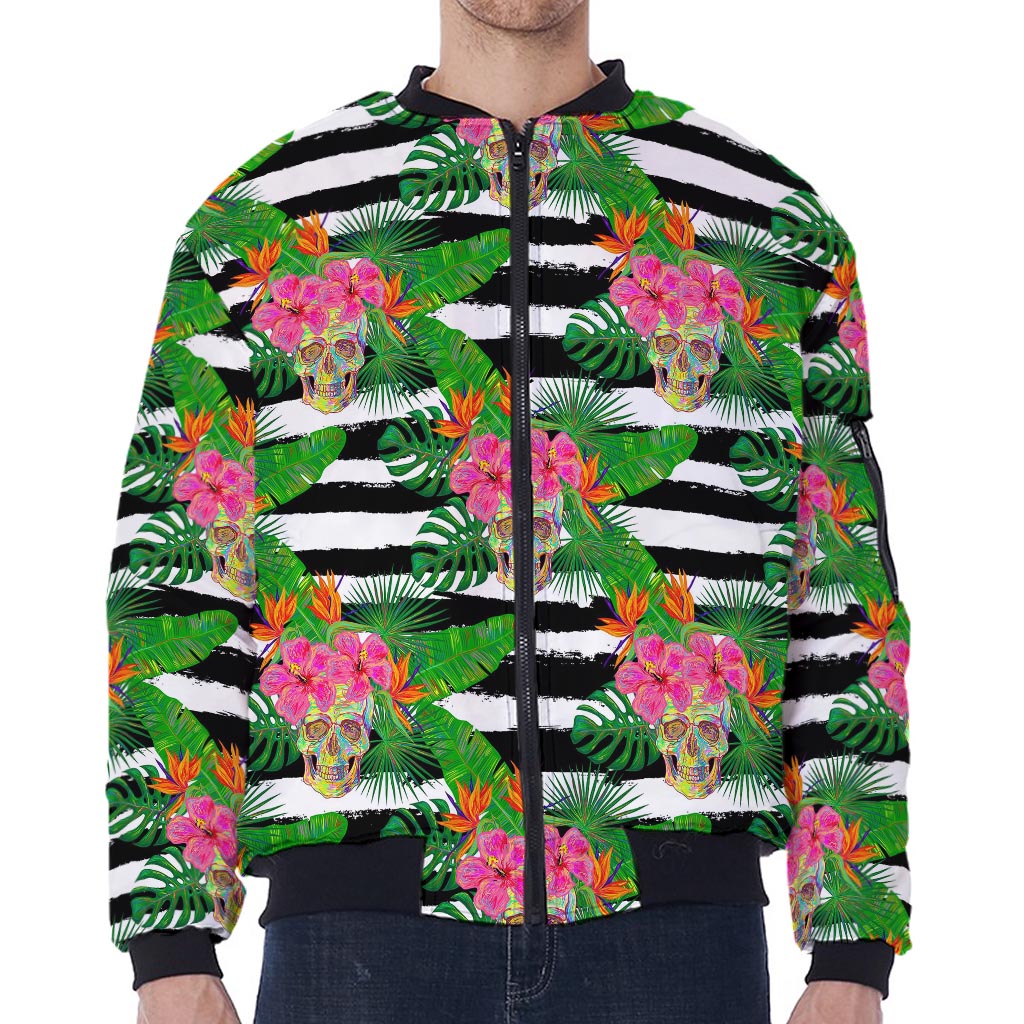 Aloha Skull Striped Pattern Print Zip Sleeve Bomber Jacket