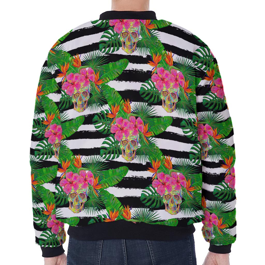 Aloha Skull Striped Pattern Print Zip Sleeve Bomber Jacket