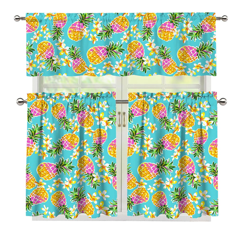 Aloha Summer Pineapple Pattern Print 3 Piece Kitchen Curtains