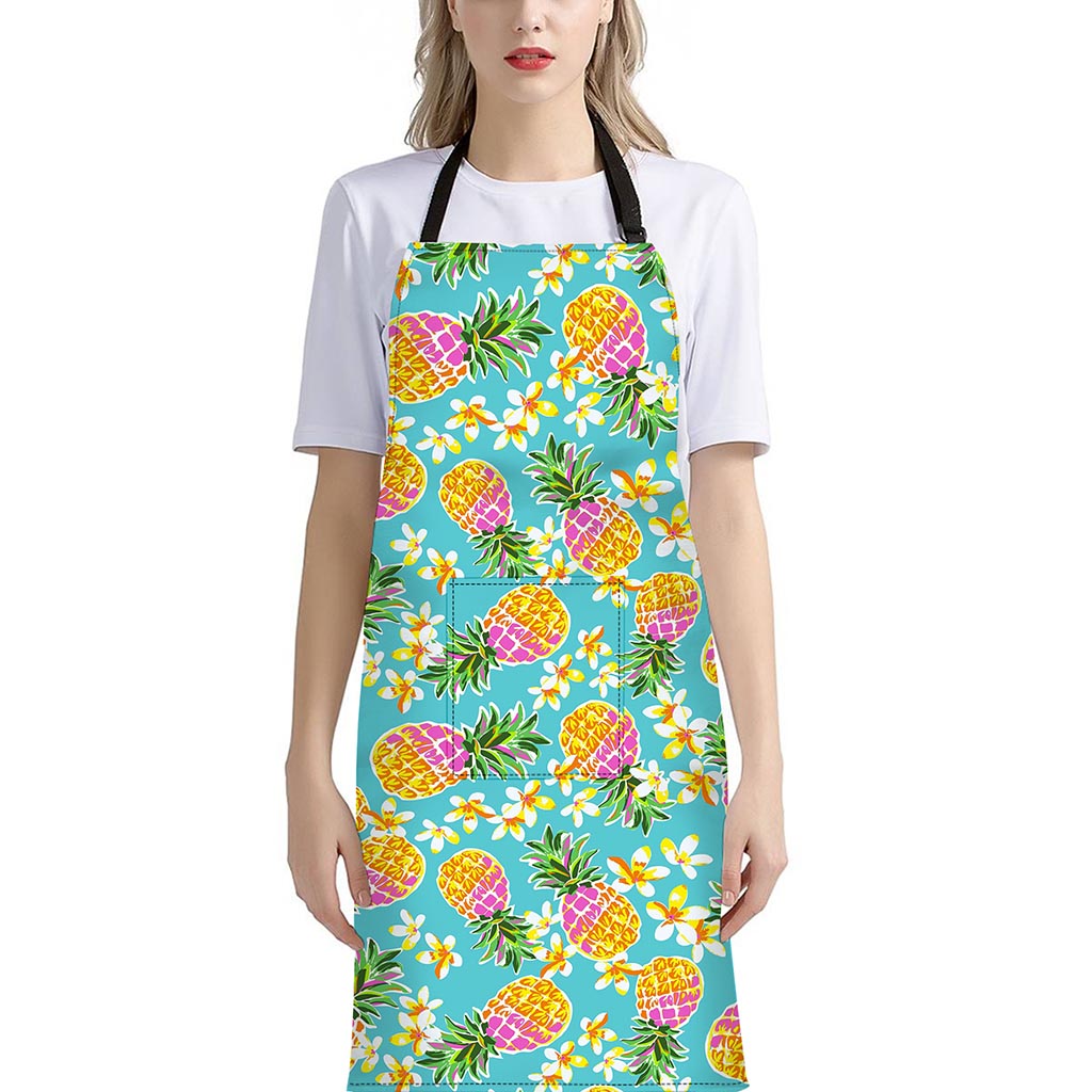 Aloha Summer Pineapple Pattern Print Bib Apron With Pocket