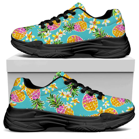 Aloha Summer Pineapple Pattern Print Black Chunky Shoes