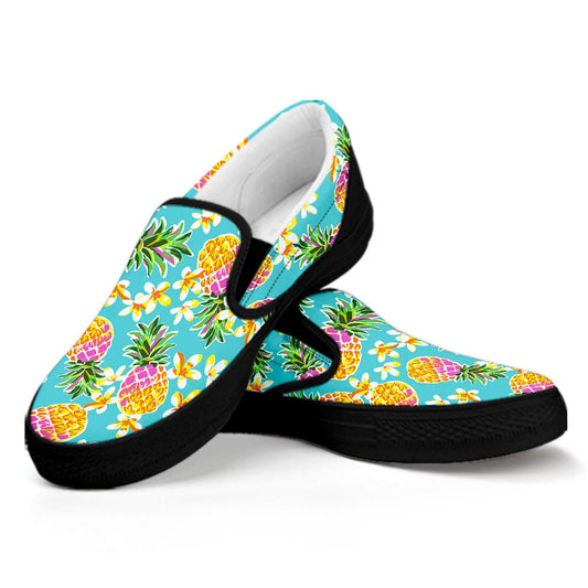 Aloha Summer Pineapple Pattern Print Black Slip On Sneakers