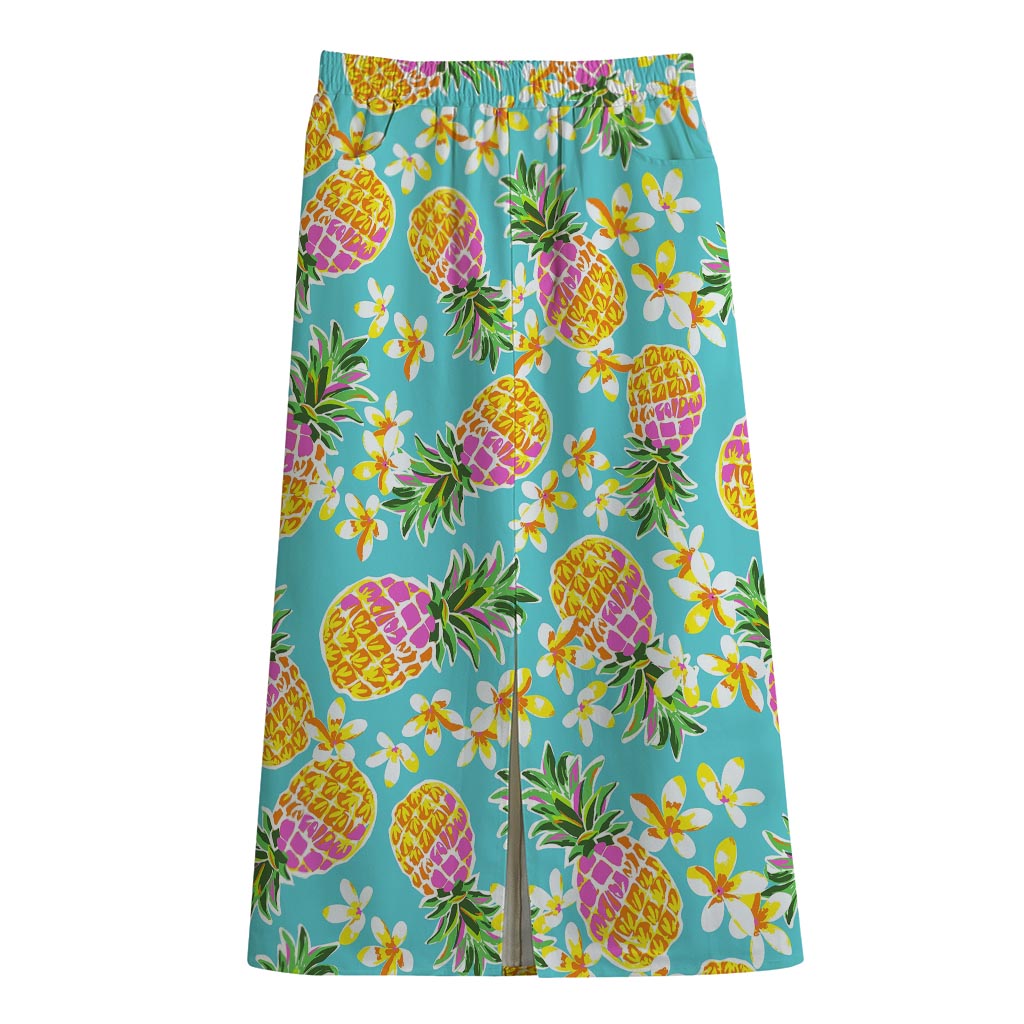 Aloha Summer Pineapple Pattern Print Cotton Front Slit Maxi Skirt