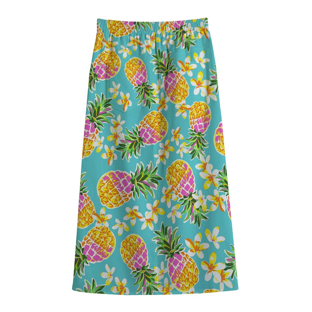 Aloha Summer Pineapple Pattern Print Cotton Front Slit Maxi Skirt