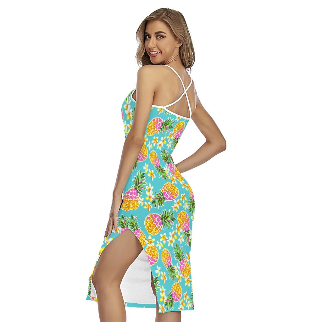 Aloha Summer Pineapple Pattern Print Cross Back Cami Dress