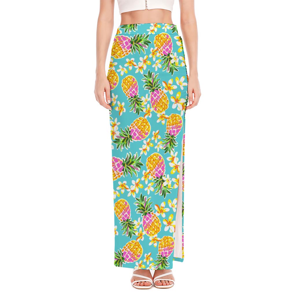 Aloha Summer Pineapple Pattern Print High Slit Maxi Skirt