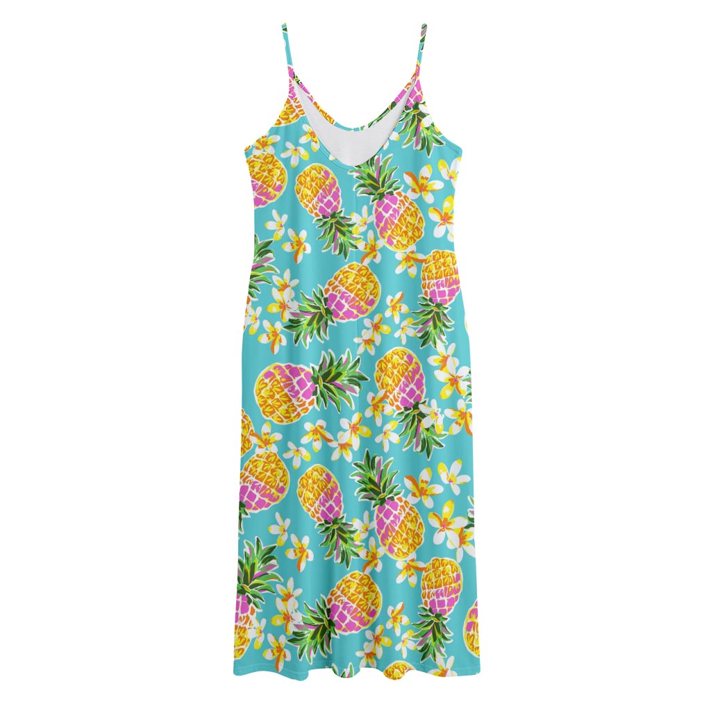 Aloha Summer Pineapple Pattern Print Jersey Midi Cami Dress
