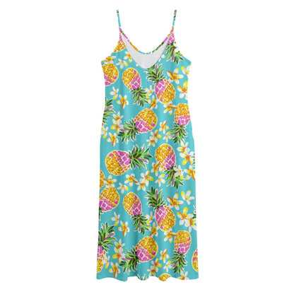 Aloha Summer Pineapple Pattern Print Jersey Midi Cami Dress