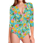 Aloha Summer Pineapple Pattern Print Long Sleeve Swimsuit