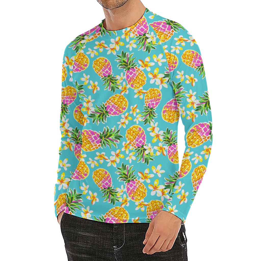 Aloha Summer Pineapple Pattern Print Men's Long Sleeve Rash Guard