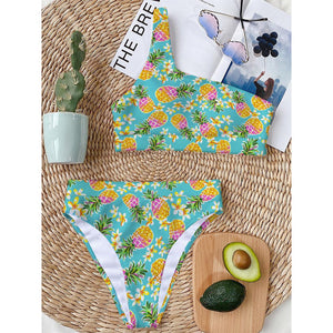 Aloha Summer Pineapple Pattern Print One Shoulder Bikini Top