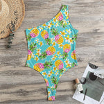 Aloha Summer Pineapple Pattern Print One Shoulder Bodysuit