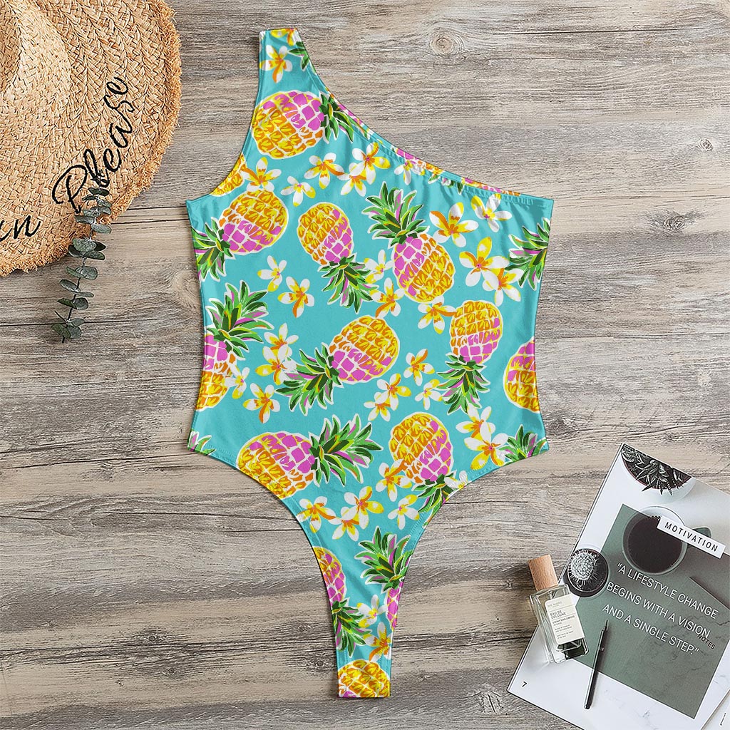 Aloha Summer Pineapple Pattern Print One Shoulder Bodysuit