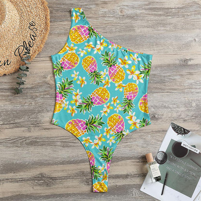Aloha Summer Pineapple Pattern Print One Shoulder Bodysuit