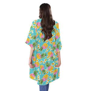 Aloha Summer Pineapple Pattern Print Open Front Beach Cover Up