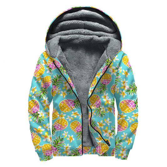 Aloha Summer Pineapple Pattern Print Sherpa Lined Zip Up Hoodie