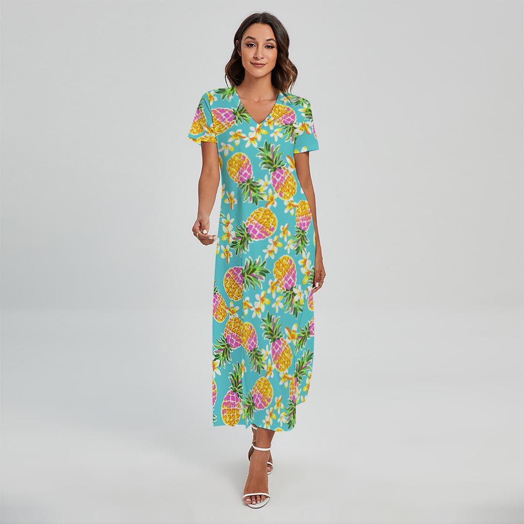 Aloha Summer Pineapple Pattern Print Short Sleeve Maxi Dress