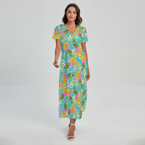 Aloha Summer Pineapple Pattern Print Short Sleeve Maxi Dress