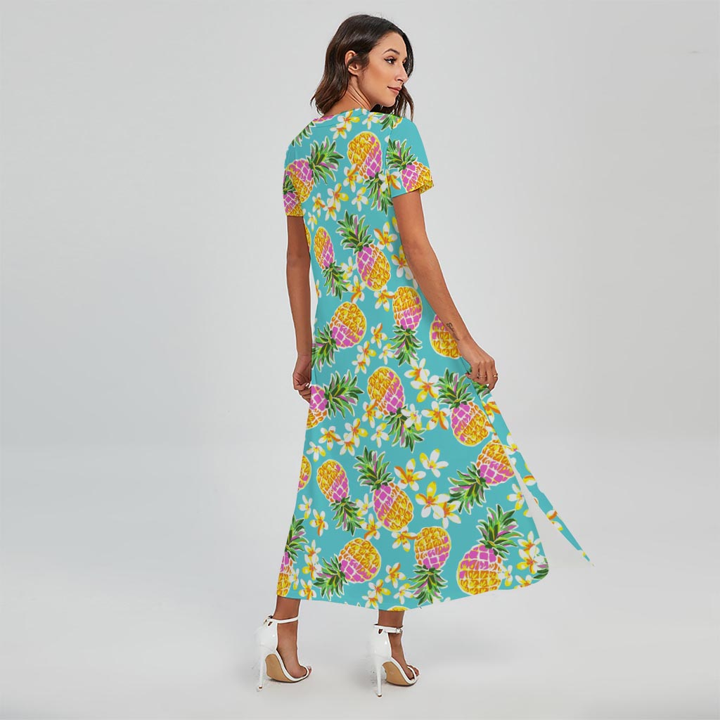 Aloha Summer Pineapple Pattern Print Short Sleeve Maxi Dress