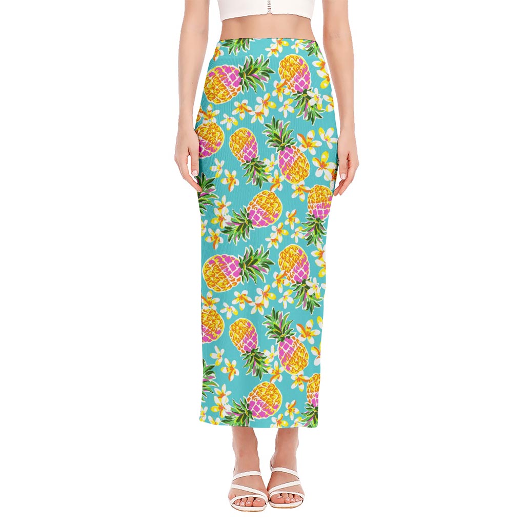 Aloha Summer Pineapple Pattern Print Side Slit Maxi Skirt