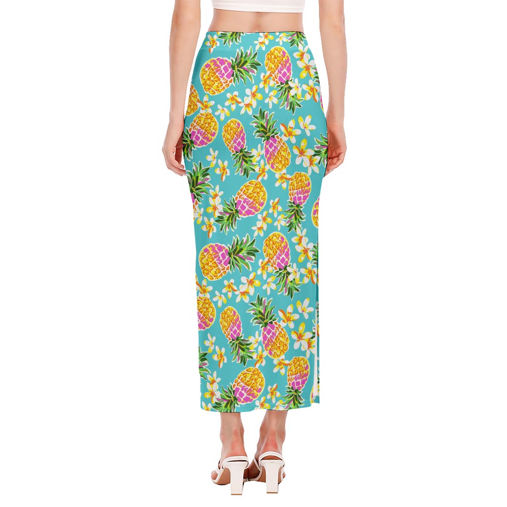 Aloha Summer Pineapple Pattern Print Side Slit Maxi Skirt