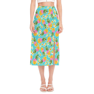 Aloha Summer Pineapple Pattern Print Side Slit Midi Skirt