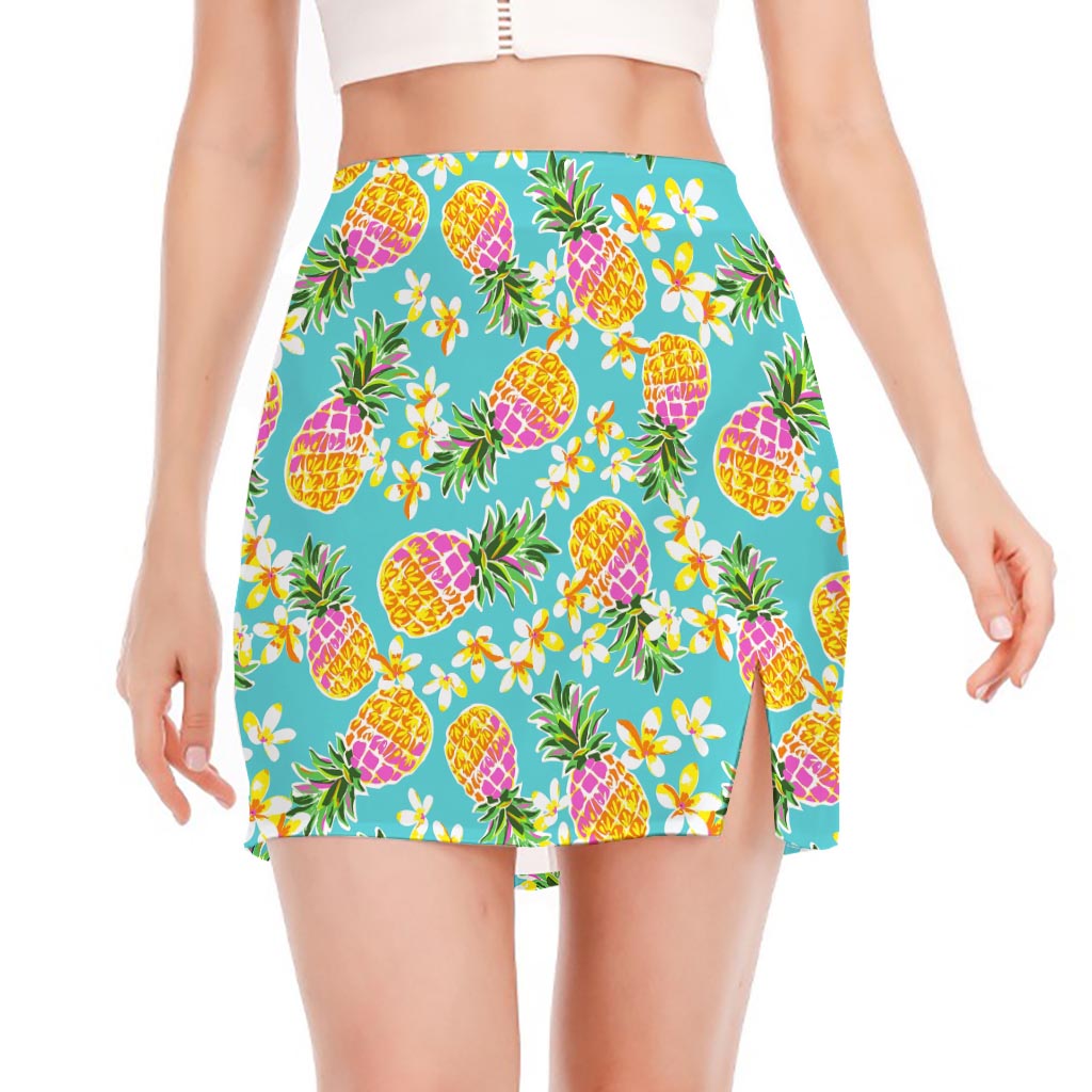 Aloha Summer Pineapple Pattern Print Side Slit Mini Skirt