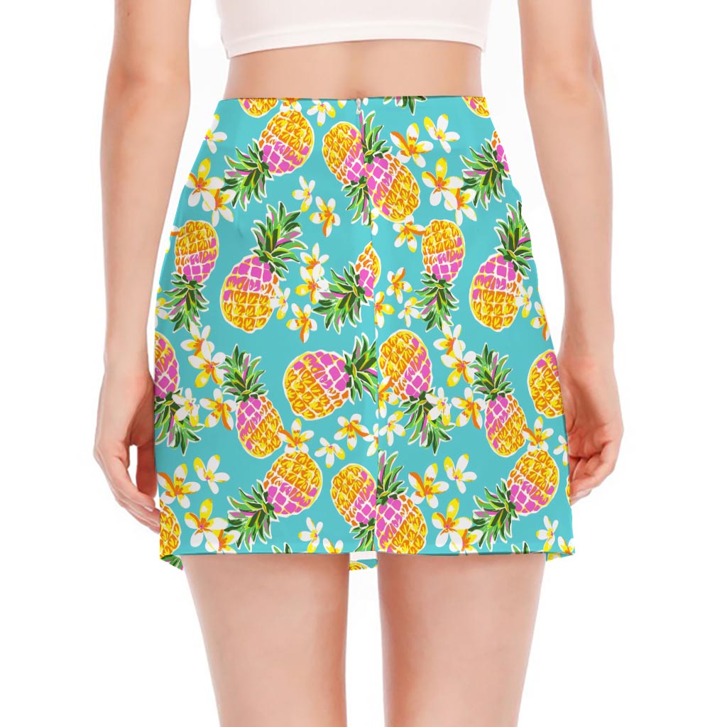 Aloha Summer Pineapple Pattern Print Side Slit Mini Skirt