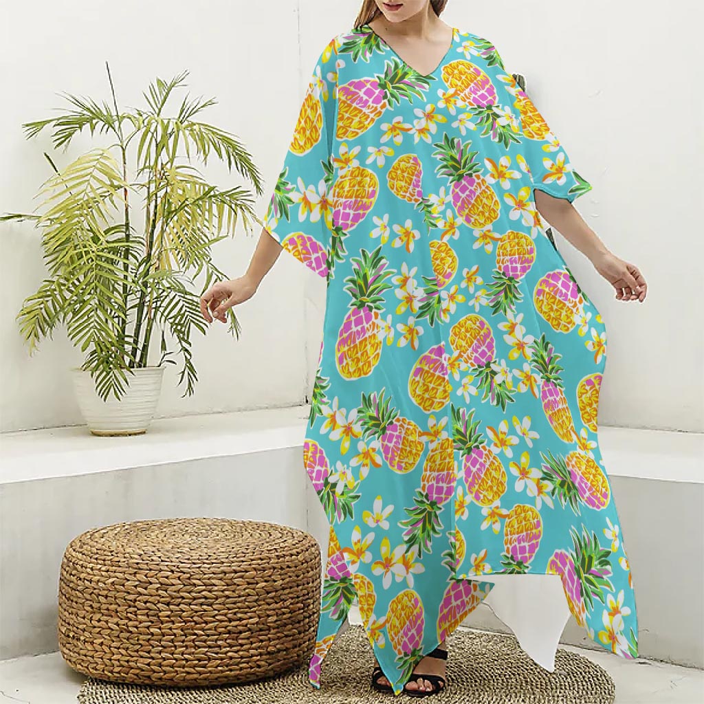 Aloha Summer Pineapple Pattern Print Silk V-Neck Kaftan Dress