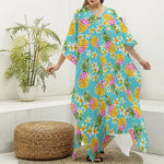 Aloha Summer Pineapple Pattern Print Silk V-Neck Kaftan Dress