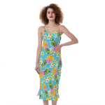 Aloha Summer Pineapple Pattern Print Slim Fit Midi Cami Dress