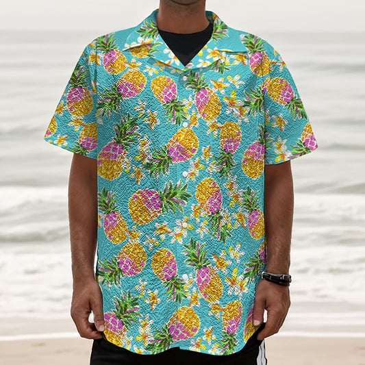 Aloha Summer Pineapple Pattern Print Textured Short Sleeve Shirt