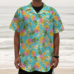 Aloha Summer Pineapple Pattern Print Textured Short Sleeve Shirt