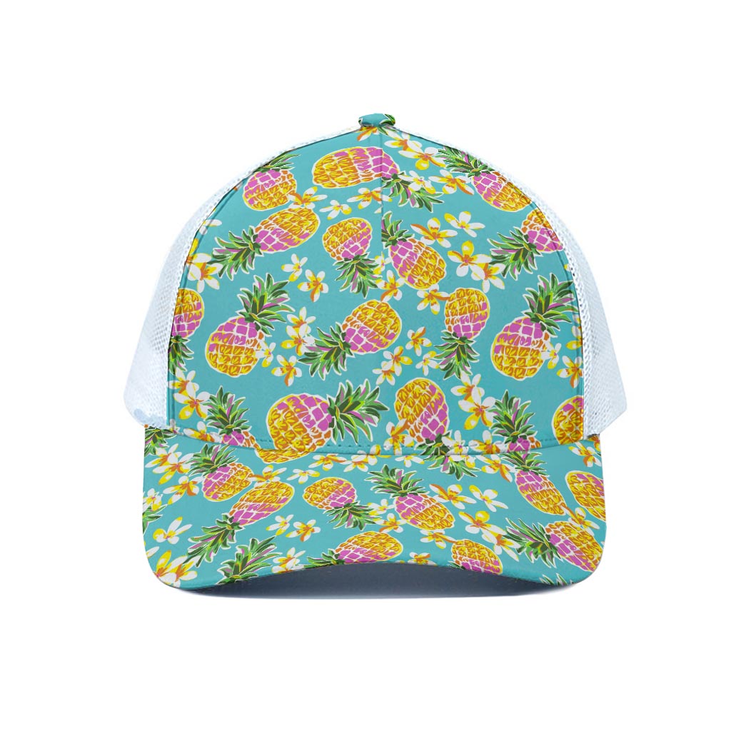 Aloha Summer Pineapple Pattern Print White Mesh Trucker Cap