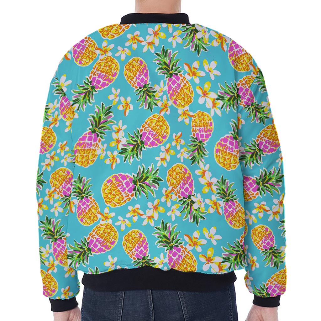 Aloha Summer Pineapple Pattern Print Zip Sleeve Bomber Jacket