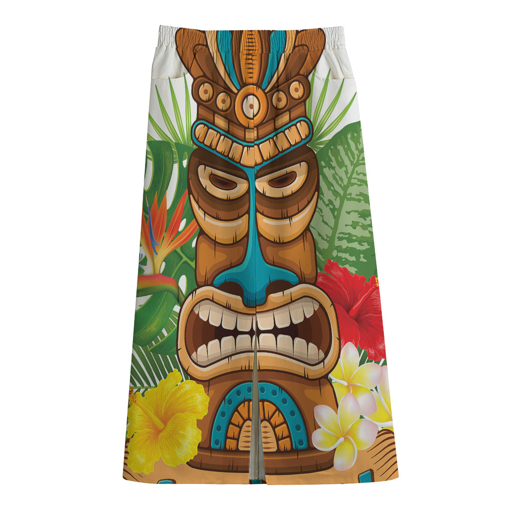 Aloha Tiki Print Cotton Front Slit Maxi Skirt