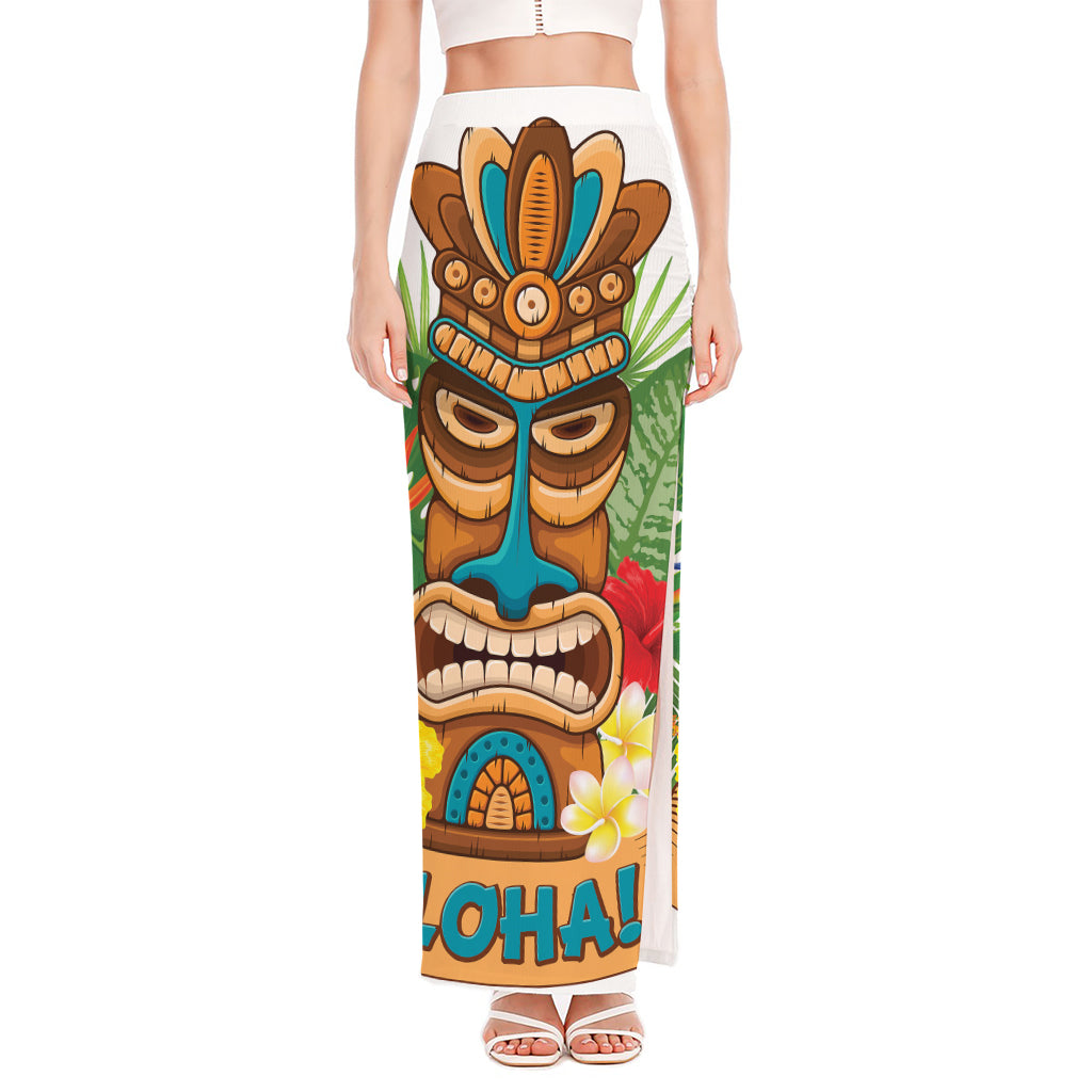 Aloha Tiki Print High Slit Maxi Skirt