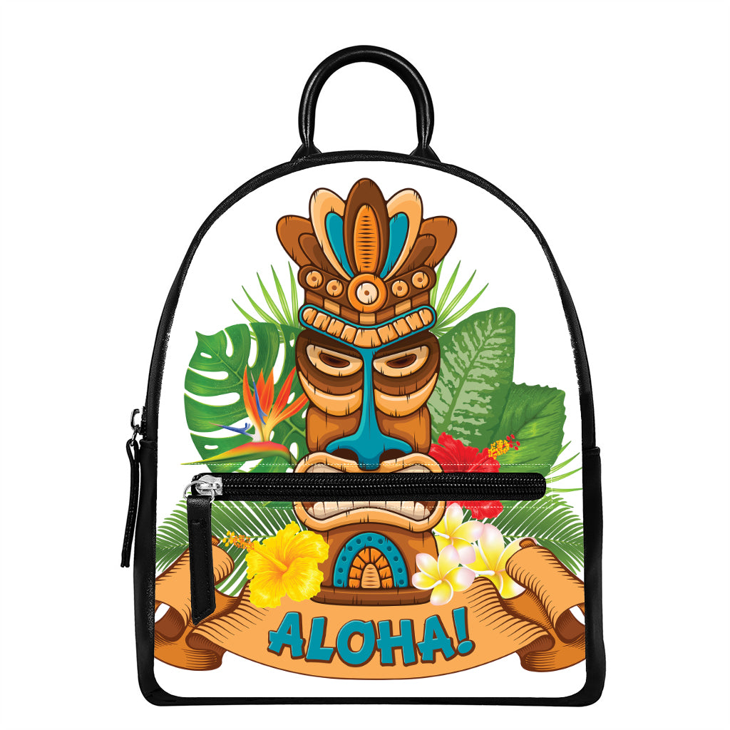 Aloha Tiki Print Leather Backpack