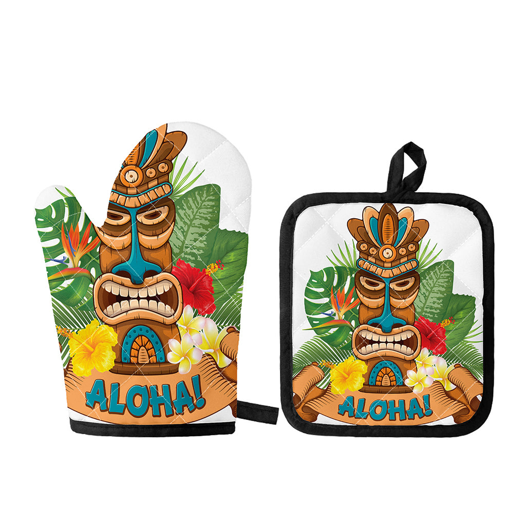 Aloha Tiki Print Oven Mitt And Pot Holder Set