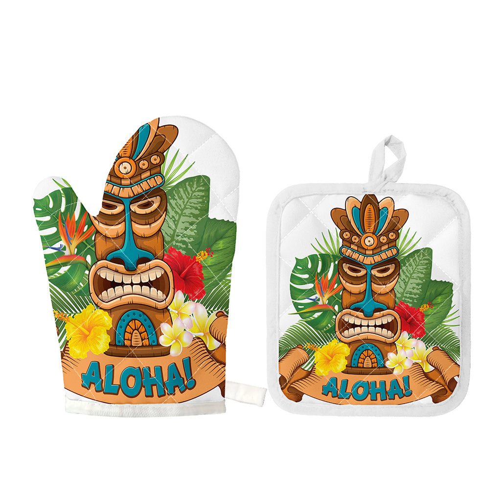 Aloha Tiki Print Oven Mitt And Pot Holder Set