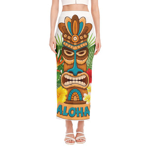 Aloha Tiki Print Side Slit Maxi Skirt