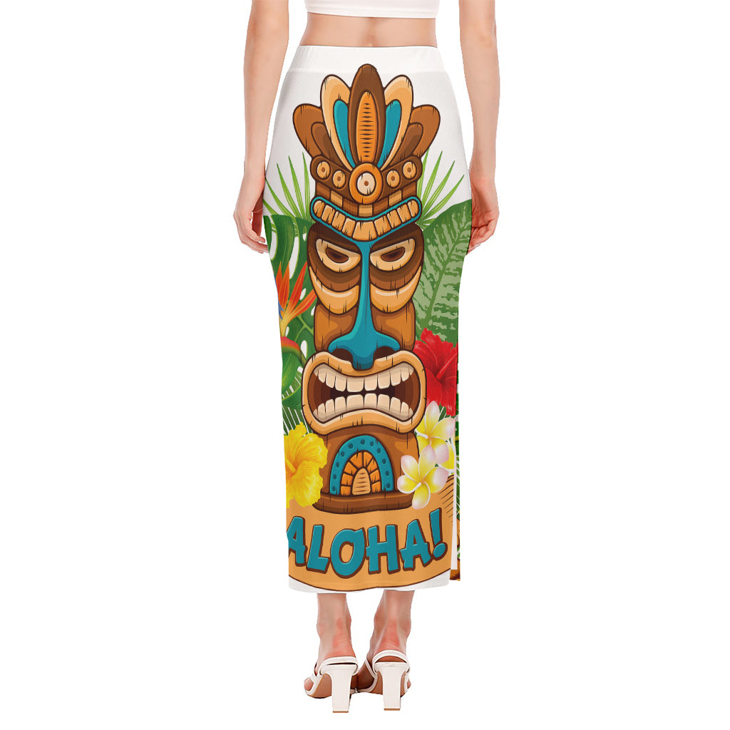 Aloha Tiki Print Side Slit Maxi Skirt