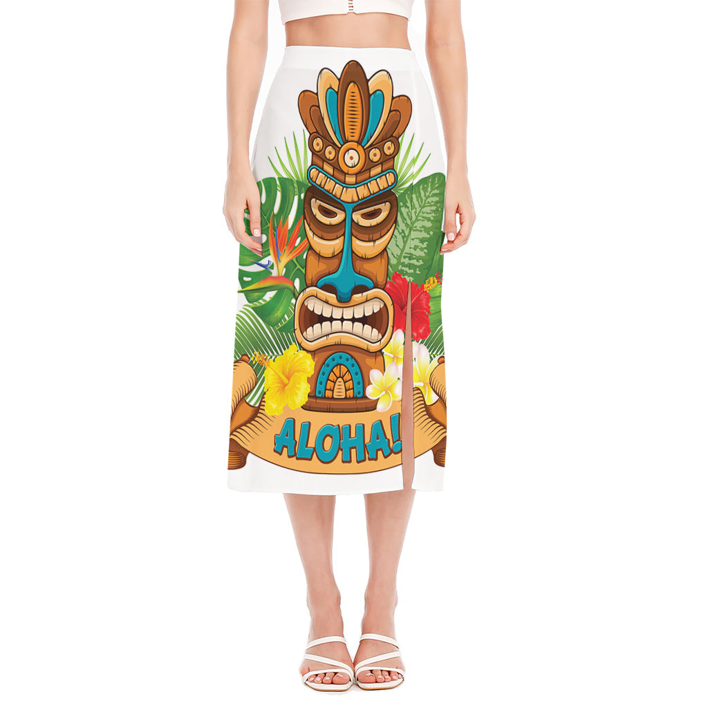 Aloha Tiki Print Side Slit Midi Skirt