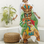 Aloha Tiki Print Silk V-Neck Kaftan Dress