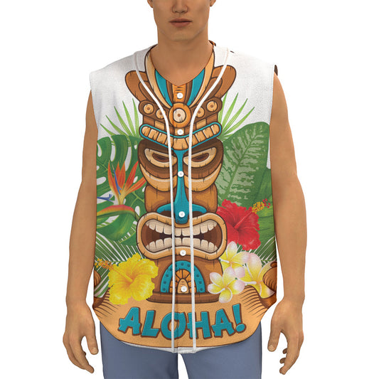 Aloha Tiki Print Sleeveless Baseball Jersey
