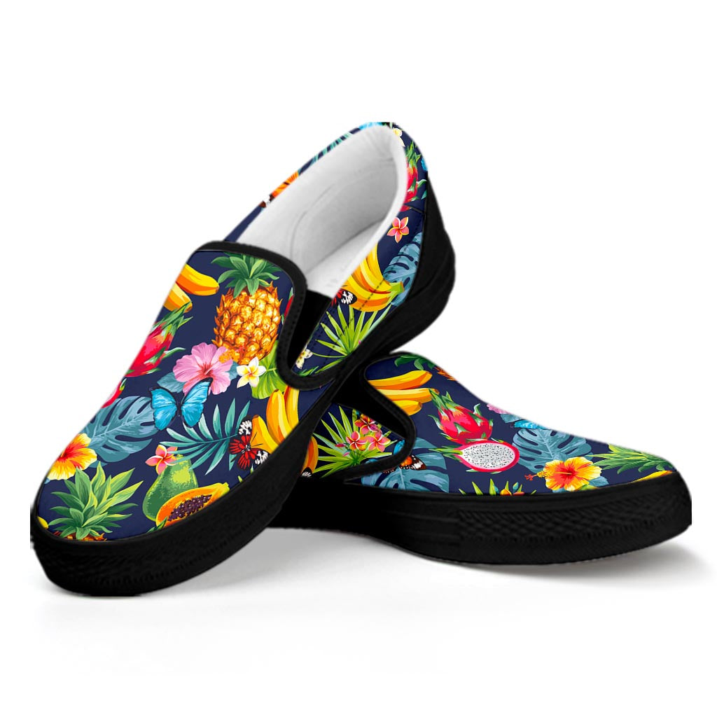 Aloha Tropical Fruits Pattern Print Black Slip On Sneakers