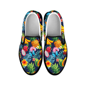 Aloha Tropical Fruits Pattern Print Black Slip On Sneakers